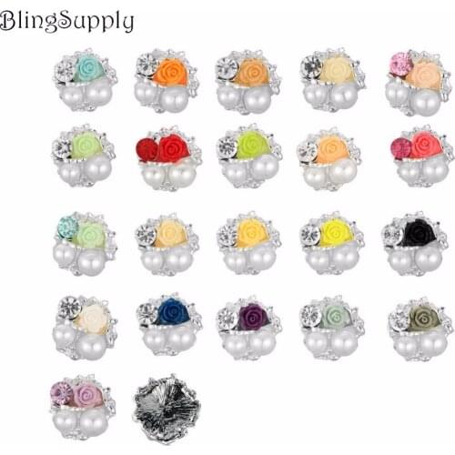 Free shipping 24mm Christmas pearl rhinestone button with resin flower flatback mix colors 50PCS/LOT(BTN-5395)