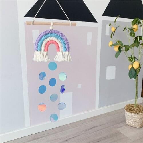 Nordic Wooden Stick Handmade Weave Rainbow Baby Girl Kids Room Wall Hanging Decor Home Party Nursery Wall Pendent Ornament