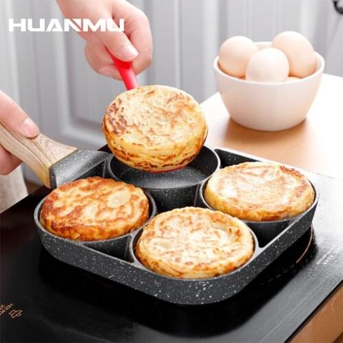 Four-hole Frying Pot Thickened Omelet Pan for Burger Eggs Ham Pancake Maker Wooden Handle Frying Pot Non-stick Cooking Breakfast