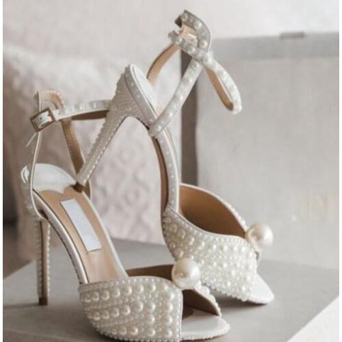 Carpaton Handmade White Pearls Beaded High Heel Shoes Peep Toe Ankle Strap Party Dress Shoes Sexy Princess Sandal
