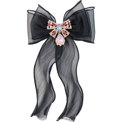 Luxury Pearl Ribbon Bow Tie Brooches for Women Black Fabric Bowknot Lapel Pins Female Shirt Collar Decor Jewelry Accessories