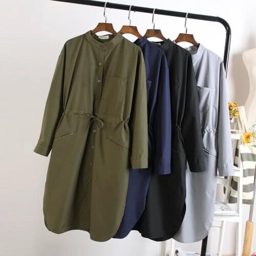 Long Blouse Womens Full Sleeve Stand Collar Size S-XL Loose Shirt Casual Pockets Slim Drawstring Waist Cotton Blouse