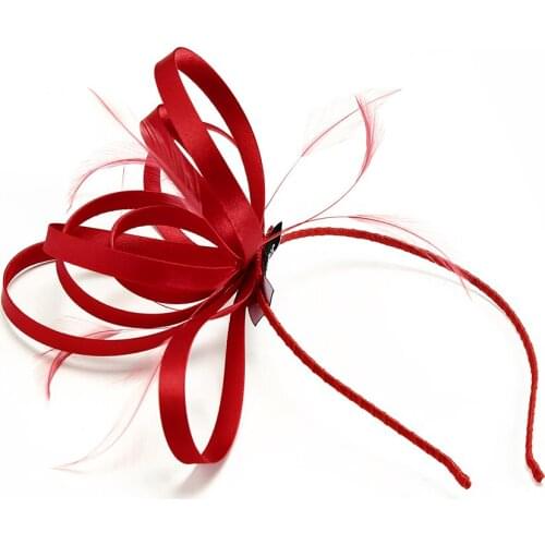 Red Fascinator Hats For Women Elegant Church Bow with Feather Hat Royal Banquet Headdress Prom Tea Party Hair Clips Cap For Girl