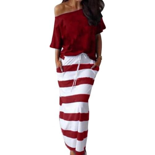 Sexy Women Dress Set Slant Shoulder Half Sleeve Solid Color Shirt Top Fashion Striped Drawstring Skirt Office Lady Two Piece Set