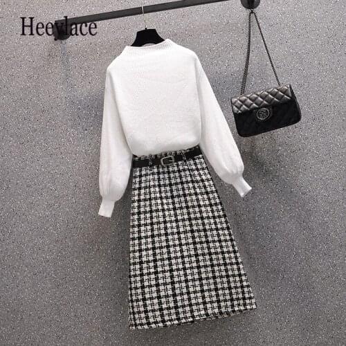 Knitted Suits Women Autumn Winter Knitting Long Sleeve Sweater And High Waist Tweed Plaid Skirts Two Pieces Sets Korean Outfits