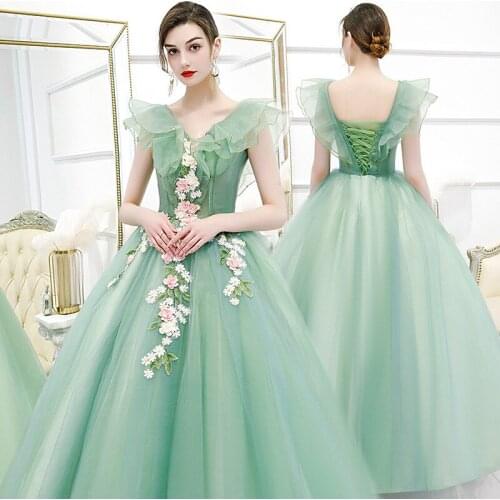Color Yarn Robe De Soriee Floral Embroidery Appliques Bridal Evening Dress Ruffle Sleeves Lace Up Back Prom Gowns For Women