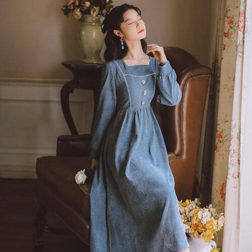 Dresses for women 2021 Floral Button Chic Retro Corduroy Dress Autumn Femininas Blue Gentle Square Neck Dress With Pearl Belt