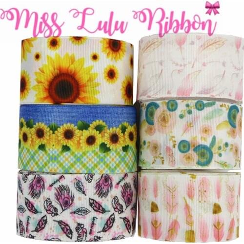 16mm-75mm Spring Flower Series Sunflower Feather Printed Grosgrain/Foe Ribbon Watercolor DIY Hair Bowknots 50yards/roll