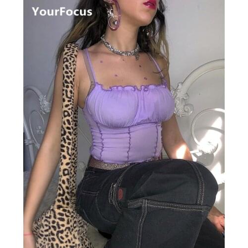 2019 harajuku cute sexy streetwear haut femme hollow out lace camis cropped purple crop tops