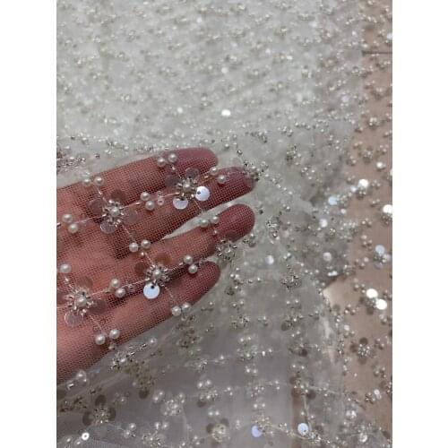 5yards/pc) High grade white African wedding tulle lace fabric with delicate beads and sequins embroidery French net lace FZZ123