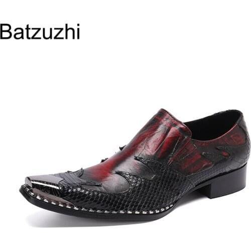 Batzuzhi Italian Style Fashion Mens Leather Shoes Pointed Metal Toe Wine Red Formal Business Dress Shoes Men for Party /Wedding