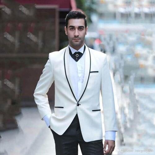 White Slim Fit Groom Tuxedos One Button Groomsmen Mens Wedding Dress Prom Dresses Business Suit Two Piece Man Suit(Jacket+Pants)