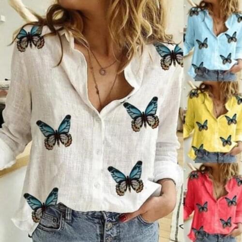 Butterfly Print Blouses Long Sleeve Turn-down Collar Blouse Fashion Shirt Casual Tops Plus Size Elegant Work Shirt AM2139