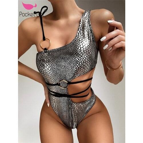 Pocket Girl 2020 Silver Snake One Piece Swimsuit Female String Monokini Sexy One Shoulder Swimwear Women Hollow Out Bathing Suit