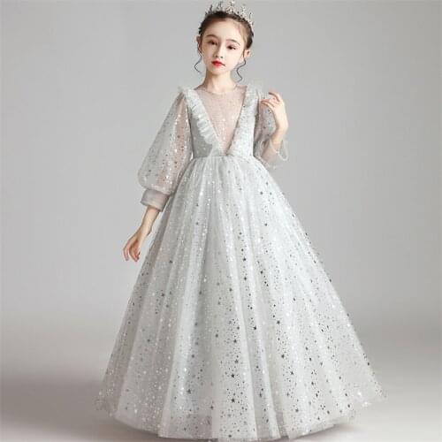 Luxury New Girls Children Long Sleeves Birthday Evening Party Long Sleeves Princess Sequined Dress Baby Kids Host Costumes Dress