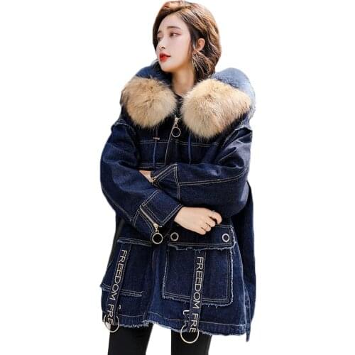 Long Winter Parka Coat Women 2019 New Denim Down Jacket Coats Female Thicken Warm Down Coats Ladies Raccoon Fur Hooded Overcoat
