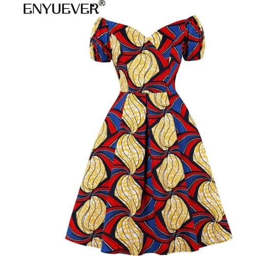Enyuever Cotton Vintage Dresses 50s 60s Retro Summer Clothing Print V Neck Short Sleeve Robe Pin Up Swing Holiday Party Dresses