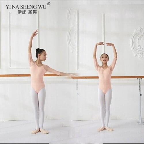 Girls Gymnastics Middle Sleeve Leotards Ballet Dancewear For Children Kids Ballet Tranning Performance Dance Lace Splice Clothes