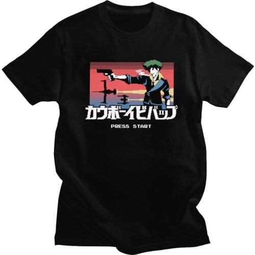 Classic Retro Pixel Cowboy Bebop T-shirt Men Short Sleeve Anime Manga Top Spike Spiegel Tshirt Pre-shrunk Cotton Tee Shirt Merch