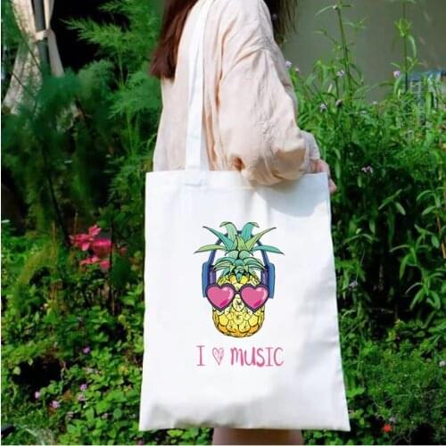 Pineapple Cool Canvas Tote Bag Sunglasses Aloha Shopping Bag Cartoon Beaches Hawaii Classic Custom Bags with Logo