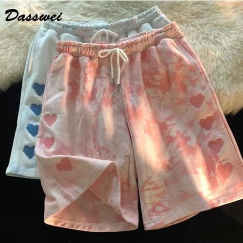 DASSWEI Fashion Summer Tie Dye Women Shorts Casual Elastic High Waist Short Pants Heart Embroidery Female Printed Sports Shorts