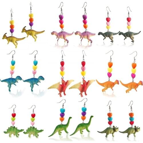 2019 Cute Animal Long Earrings Exaggerated Resin Dinosaur Heart Statement Drop Earrings for Women Girl Whimsy Funny Jewelry