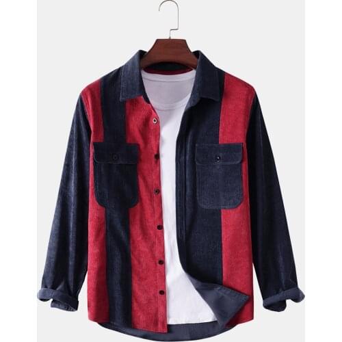 Mens Lapel Color-blocking Patchwork Pocket Long-sleeved Shirt Autumn Fashion All-match Loose Corduroy Shirt Mens Clothing Tops