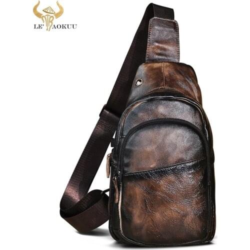Men Genuine Leather Coffee Vintage Triangle Chest Bag Sling Bag Design Daypack One Shoulder Bag Fashion Cross-body Bag Male 008