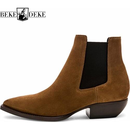 New 2020 Autumn Cowboy Chelsea Short Boots Men Genuine Leather Ankle Boots Fashion Pointed Toe Slip-On Winter Mens Casual Shoes