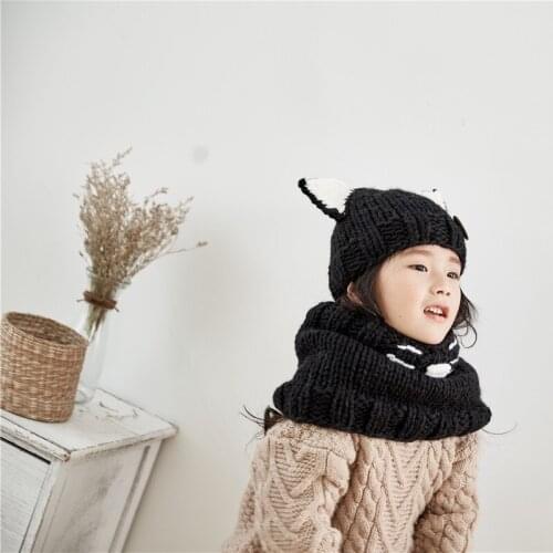 New Kids Winter Warm Hats Hot baby kids girls Woolen Scarf set caps and hats Cat ears stylish hand-woven Knitted hat set HT19040