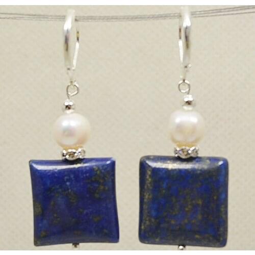 New Unique Pearl Blue Lapis Lazuli Jewellery,Freshwater Round Pearls Perfect Squar Earrings,Dangle Earrings Hook Chirstmas Gift
