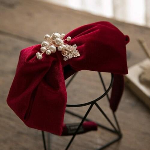 Chinese Vintage WIne Red Black Velvet Bow Pearl Rhinestone Hairbands Luxury Designer Bridemaid Bowknot Hair Jewelry Accessories