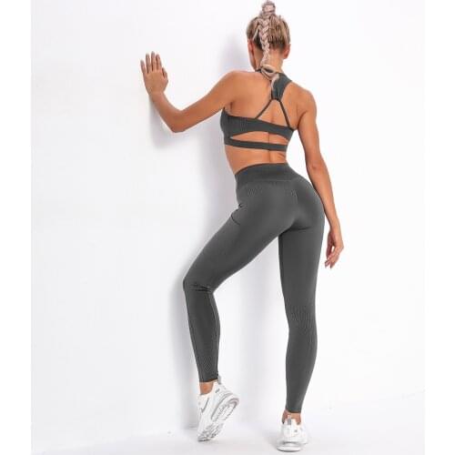Sexy striped pocket yoga suit womens beauty back top bra sports running fitness yoga pants