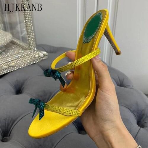 Crystal Embellished High Heel Slippers Women Sweet Bow Decor Rhinestone Narrow Band Slides Summer Open Toe Party Sandals Girls