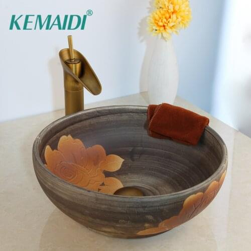 KEMAIDI Solid Brass Tap Luxury Ceramic Lavatory Bathroom Tap Washbasin Basin Sink Set Bath Combine Mixer Faucet