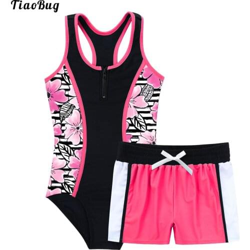 TiaoBug 2Pcs Kid Girls Summer Swimsuit One-Piece Round Neck Sleeveless Jumpsuit And Boyshorts Set Beach Swimwear Pool Beach Suit