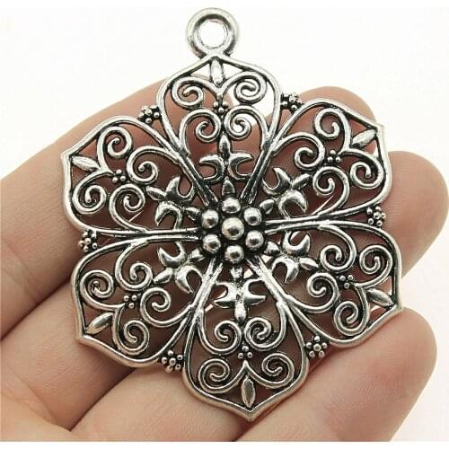 WYSIWYG 1pcs 66x52mm Filigree Big Flower Carved Bohemia Pendants Charm For Jewelry Making Necklace Making