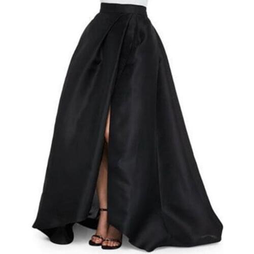 Elegant Black Long Skirts High Waist Sexy Pleated Slit Zipper Satin Floor Length Formal Party Skirts For Women Autumn Maxi Skirt