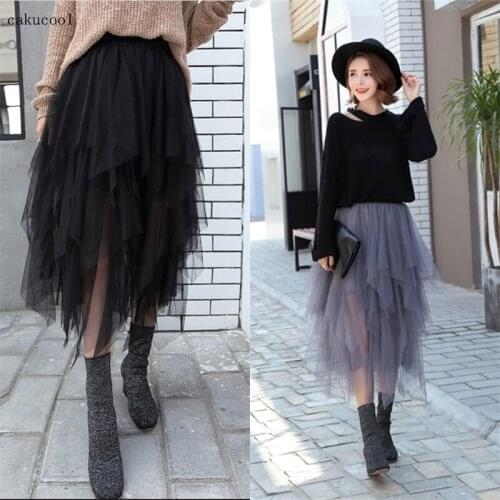 Cakucool 2020 spring and summer new mid-length high-waist black veil skirt wild skirt poncho irregular mesh veil skirt women
