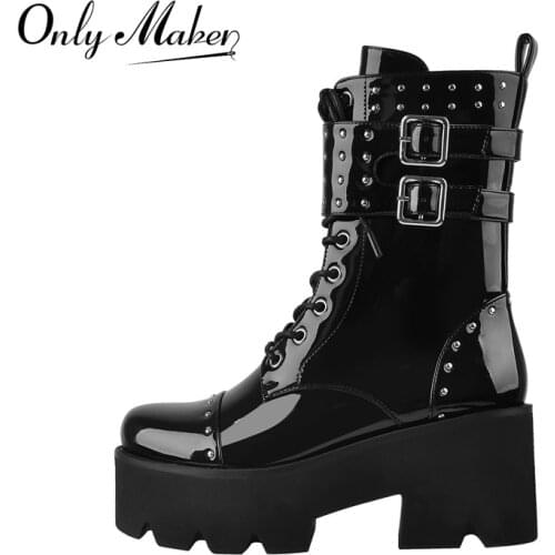 Onlymaker Womens Lace Up Chunky High Heel Platform Round Toe Patent Leather Rivet Metal Buckle Ankle Booties Zipper Big Size