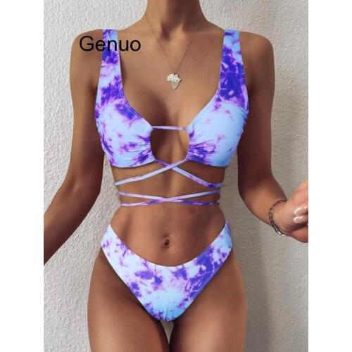 Ladies Sexy Cross Wrap Strappy Bandage Tie Dye Bikini Summer Beach Vacation Swimsuit High-quality Swimwear Brazil