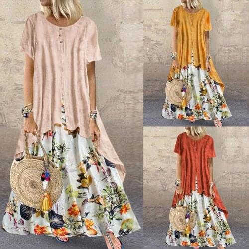 Women Long Maxi Dress Summer Bohemia Floral Print Patchwork Loose Long Dress Ladies Round Neck Short Sleeve Robe for Holiday