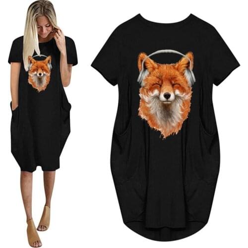 Cute Smiling Musical Fox Print Women Summer Short Sleeve Dress With Pocket Ladies Fashion O Neck Tops Female T Shirt Dress