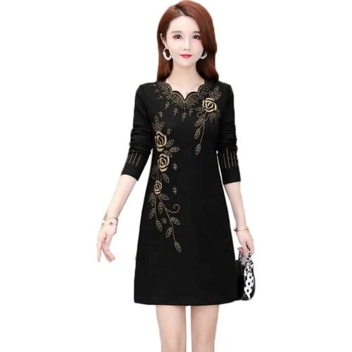 Plus Size 5XL Spring Fall Womens Embroidered Dresses New Long-Sleeved Dress Middle Aged Mother Elegant Sexy Dress Vestidos 2286
