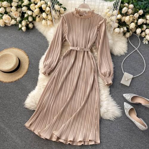Stand Collar Chiffon red Dress Women 2021 Summer New Elegant Slim Fit Pleated Dresses Chic Button Big Swing Vestidos