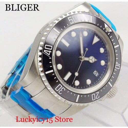 Sterile Round Big 44mm Luminous Marks Blue Black Gradient Dial Automatic Mens Watch Mental Bracelet