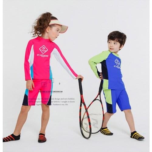 Children Two Pieces Swimsuit Kids Baby Girls Swimwear Boys Long Sleeve Surfing Wear Bathing Suit Baby Sandy Rash Guard Cap 2-12Y