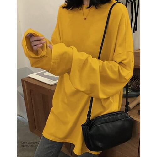Tshirt 2021 Spring Solid Simple oversized harajuku Long T Shirt Women kawaii T-shirts Women White yellow long Sleeve Tops 18H
