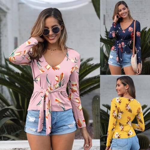 Fashion Harajuku Printed Ladies Long Sleeve T-Shirt Casual Slim All-match Lace-up V-Neck Short Top Sweet Cleaning Style Top Crop