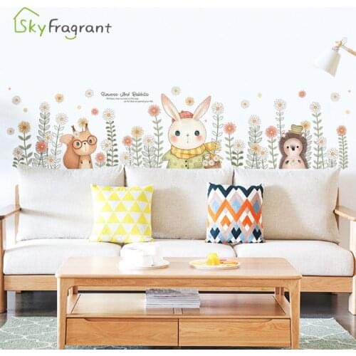 Cartoon Bunny Picking Flowers Baseboard Wall Stickers For Kids Room Living Room Home Decor Wall Decoration Self-adhesive Sticker
